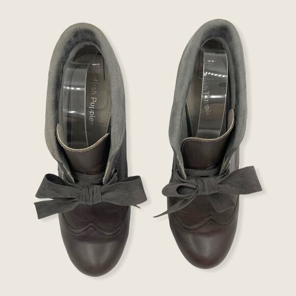 Hush Puppies Lonna Bow Fold Over Cuff Warm Gray Leather Heel Ankle Boot 9 - Picture 3 of 8